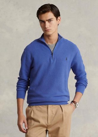 Suéter Ralph Lauren Masculino Azul de Malha de Algodão com Zíper e 1/4 de Zíper