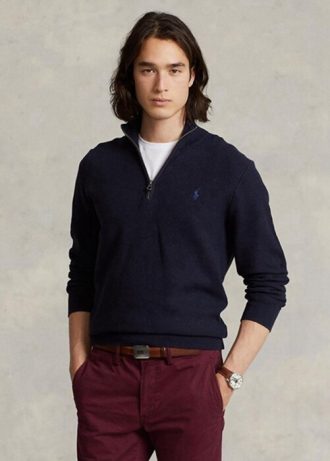 Suéter Ralph Lauren Masculino Azul Marinho, de Algodão e Malha Mesh, com Zíper de Um Quarto