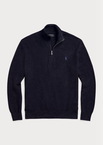 Suéter Ralph Lauren Masculino Azul Marinho, de Algodão e Malha Mesh, com Zíper de Um Quarto