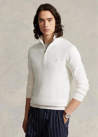 Suéter Ralph Lauren Masculino Branco de Malha de Algodão com Zíper e 1/4 de Zíper