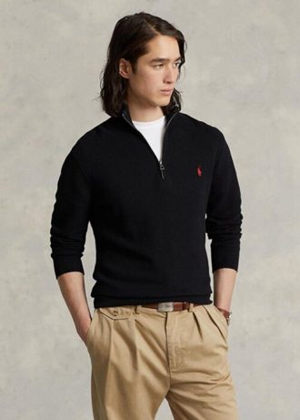 Suéter Ralph Lauren Masculino Preto de Malha de Algodão com Zíper e 1/4