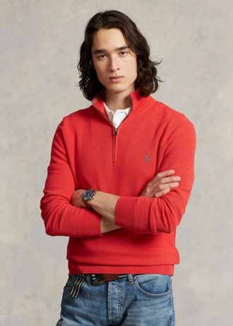 Suéter Ralph Lauren Masculino Vermelho de Algodão com Zíper e Malha de Malha