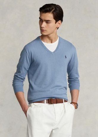 Suéter Ralph Lauren Slim Fit Texturizado de Algodão Azul Masculino