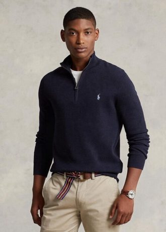 Suéter Ralph Lauren Texturizado de Algodão com Zíper de Um Quarto Masculino Azul Marinho