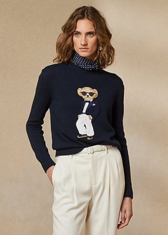 Suéter Ralph Lauren Tuxedo Bear de algodão azul marinho feminino