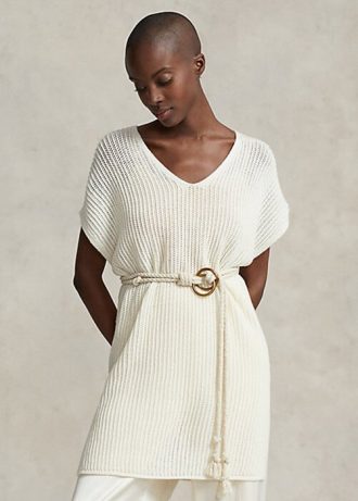 Suéter túnica de lã merino com ponto aberto Ralph Lauren feminino creme