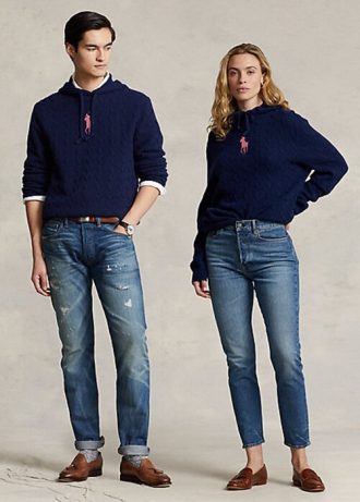 Suéteres com capuz Ralph Lauren Pink Pony Cable Cashmere feminino azul marinho