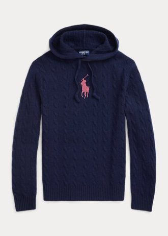 Suéteres com capuz Ralph Lauren Pink Pony Cable Cashmere feminino azul marinho