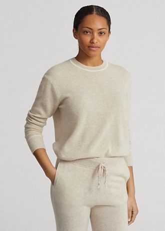 Suéteres de cashmere Ralph Lauren femininos bege com gola redonda