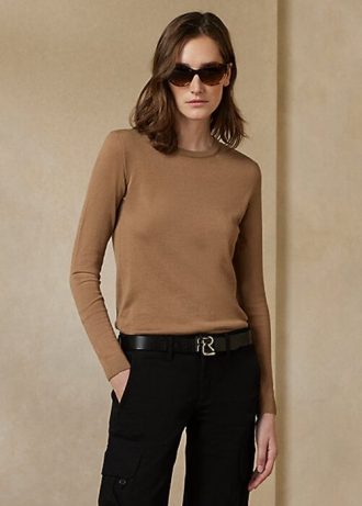 Suéteres de cashmere Ralph Lauren femininos marrons com gola redonda