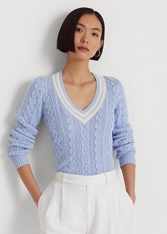 Suéteres de críquete Ralph Lauren em tricô trançado azul feminino