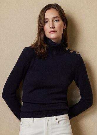 Suéteres de gola alta de cashmere com botões Ralph Lauren feminino azul-marinho