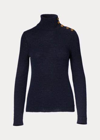 Suéteres de gola alta de cashmere com botões Ralph Lauren feminino azul-marinho
