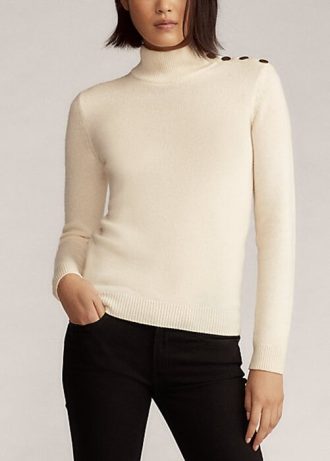Suéteres de gola alta de cashmere com botões Ralph Lauren femininos creme