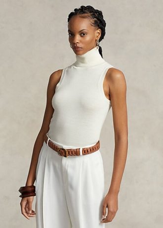 Suéteres de gola alta sem mangas de lã Ralph Lauren femininos creme