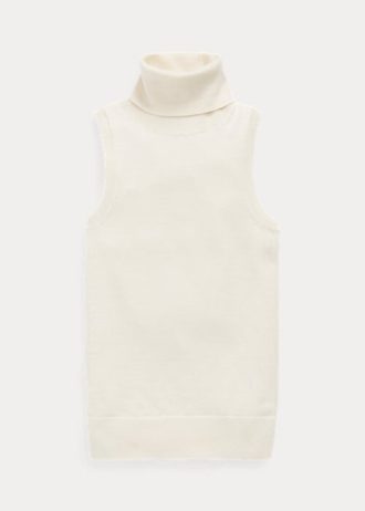Suéteres de gola alta sem mangas de lã Ralph Lauren femininos creme