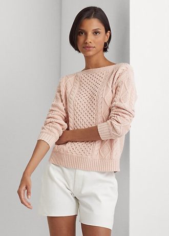 Suéteres de gola canoa de algodão Aran-Knit Ralph Lauren feminino rosa