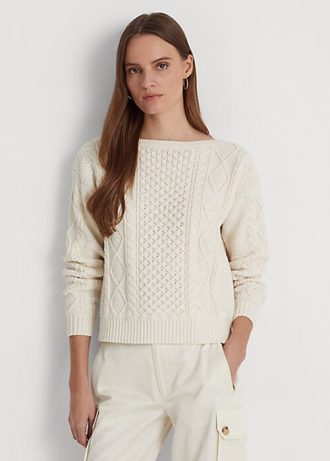 Suéteres de gola canoa de algodão Aran-Knit Ralph Lauren femininos creme