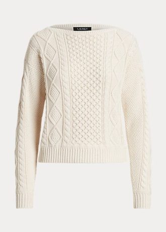 Suéteres de gola canoa de algodão Aran-Knit Ralph Lauren femininos creme
