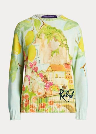 Suéteres de gola redonda de algodão com estampa Ralph Lauren multicoloridos para mulheres