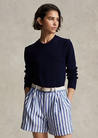 Suéteres de gola redonda de algodão Ralph Lauren feminino azul-marinho