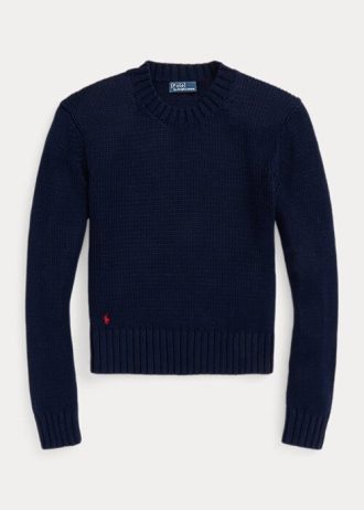 Suéteres de gola redonda de algodão Ralph Lauren feminino azul-marinho