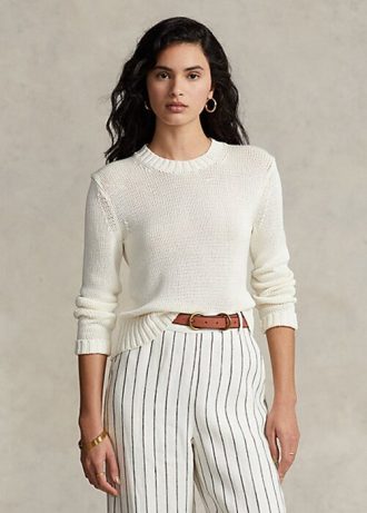 Suéteres de gola redonda de algodão Ralph Lauren femininos brancos