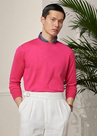 Suéteres de gola redonda de algodão Ralph Lauren masculinos rosa