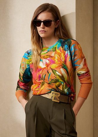 Suéteres de gola redonda de cashmere com estampa gráfica Ralph Lauren femininos multicoloridos