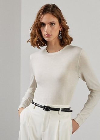 Suéteres de gola redonda de lã merino Ralph Lauren femininos creme