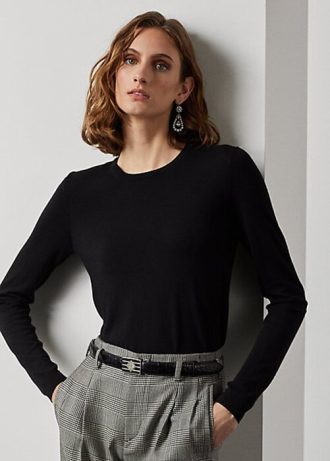 Suéteres de gola redonda de lã merino Ralph Lauren femininos pretos