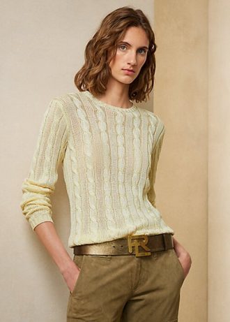Suéteres de gola redonda de seda com tricô a cabo Ralph Lauren femininos