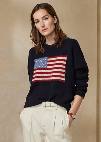 Suéteres de gola redonda Ralph Lauren Flag Cashmere femininos azul-marinho
