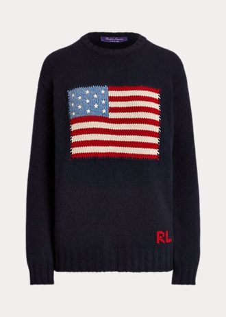 Suéteres de gola redonda Ralph Lauren Flag Cashmere femininos azul-marinho