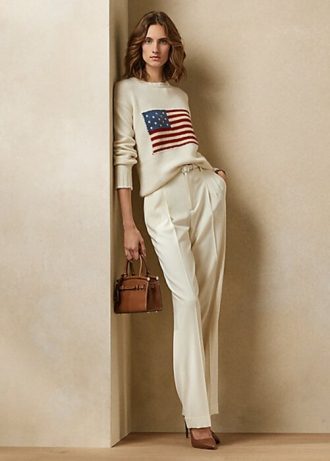 Suéteres de gola redonda Ralph Lauren Flag Cashmere femininos creme
