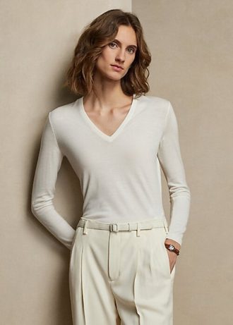Suéteres de lã Ralph Lauren femininos, manga comprida e gola V, creme
