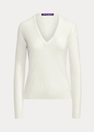 Suéteres de lã Ralph Lauren femininos, manga comprida e gola V, creme