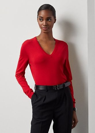 Suéteres de lã Ralph Lauren femininos, manga comprida, gola V