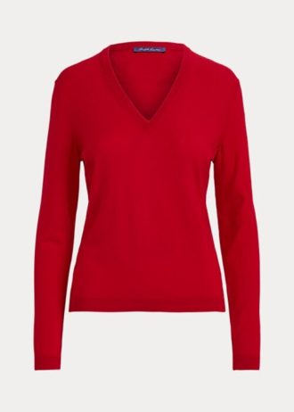 Suéteres de lã Ralph Lauren femininos, manga comprida, gola V