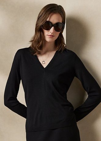 Suéteres de lã Ralph Lauren femininos pretos, manga comprida, gola V