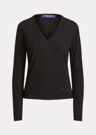 Suéteres de lã Ralph Lauren femininos pretos, manga comprida, gola V