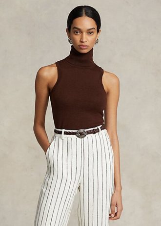 Suéteres de lã Ralph Lauren sem mangas e gola alta para mulheres