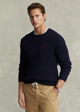 Suéteres de malha de algodão Ralph Lauren masculinos azul marinho