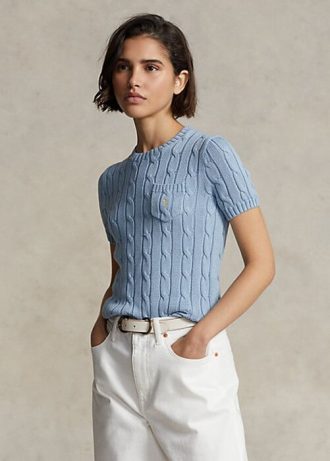 Suéteres de manga curta de algodão com malha trançada Ralph Lauren feminino AZURE