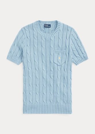 Suéteres de manga curta de algodão com malha trançada Ralph Lauren feminino AZURE