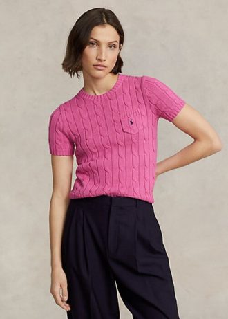 Suéteres de manga curta de algodão tricotado Ralph Lauren feminino fúcsia