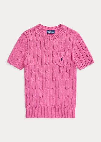 Suéteres de manga curta de algodão tricotado Ralph Lauren feminino fúcsia