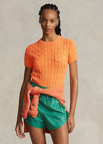 Suéteres de manga curta de algodão tricotado Ralph Lauren feminino laranja