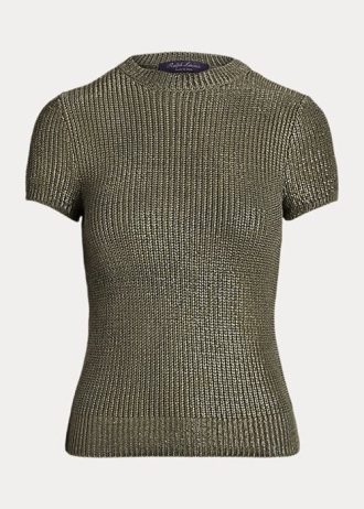 Suéteres de manga curta de seda laqueada Ralph Lauren femininos Olive