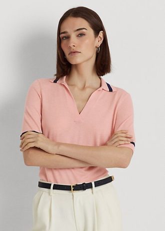 Suéteres de manga curta Ralph Lauren femininos em mistura de seda rosa